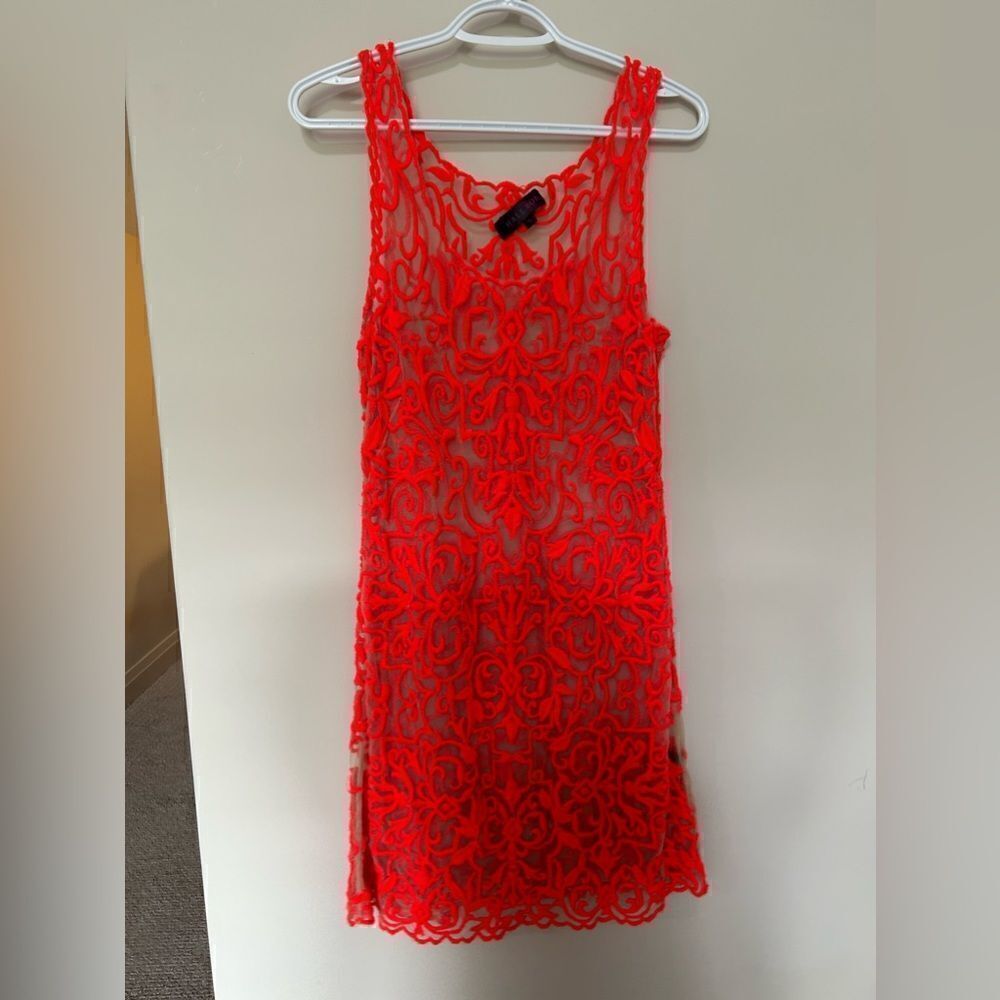 Hale Bob Orange embroidered Mesh Lace SeeThrough Sleeveless Dress